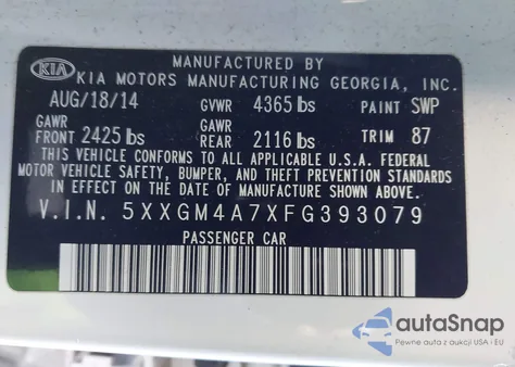2015 Kia Optima Lx from USA, damaged, VIN 5XXGM4A7XFG393079